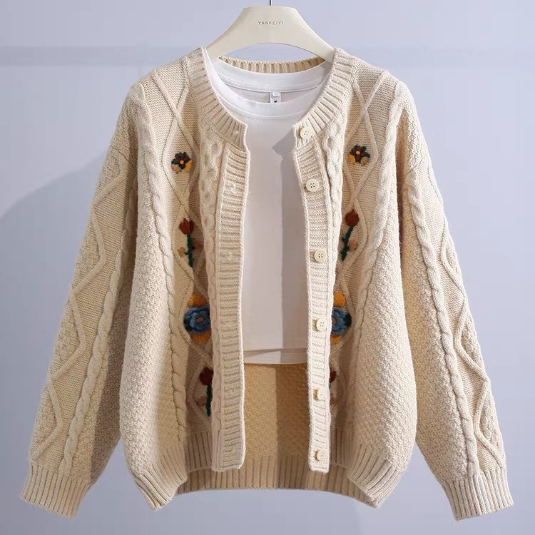 Title 6, Retro Machine Embroidery Cable-knit Sweater Out...