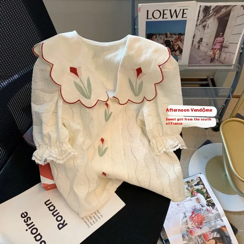 French Style Doll Collar Embroidered Printed Short Sleeve Shirt - White