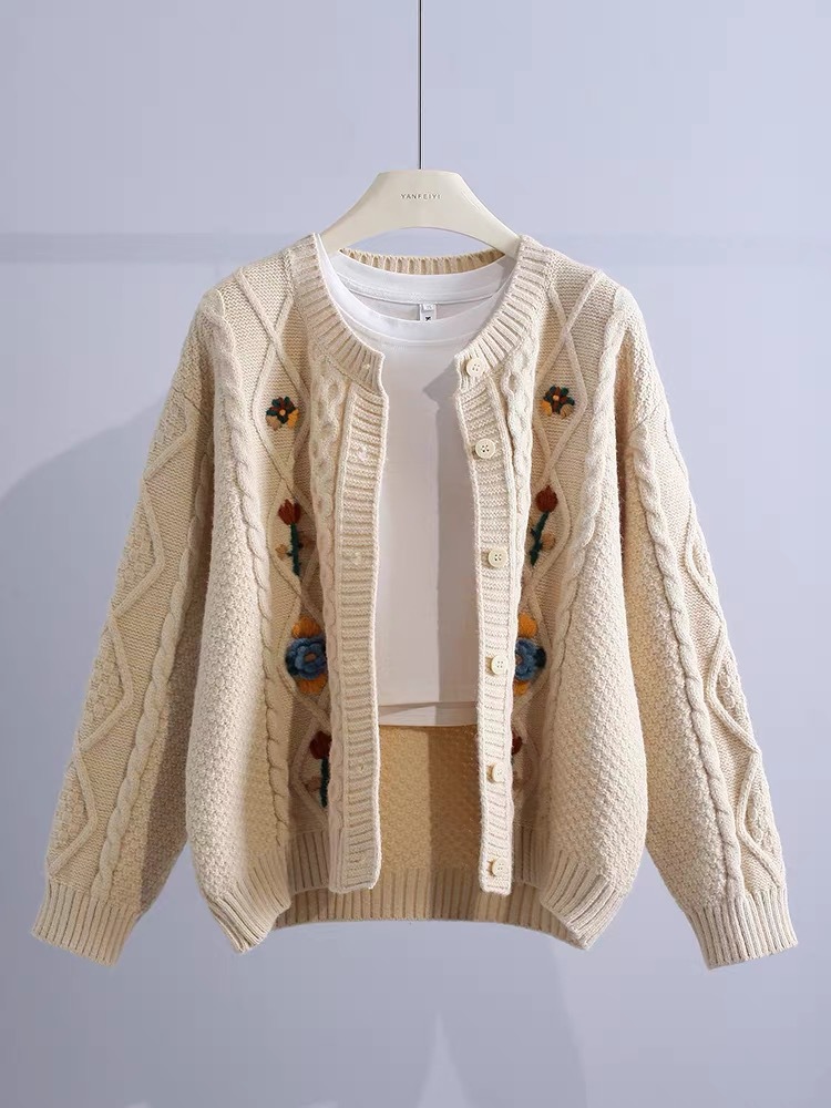 Title 5, Retro Machine Embroidery Cable-knit Sweater Out...