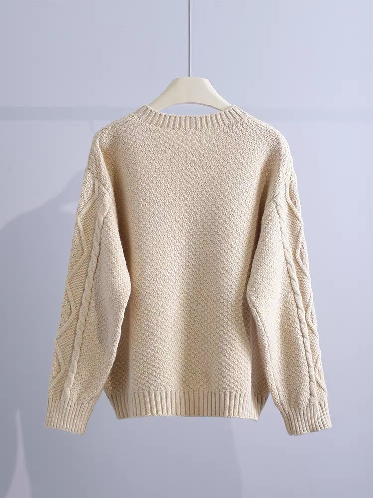 Title 3, Retro Machine Embroidery Cable-knit Sweater Out...