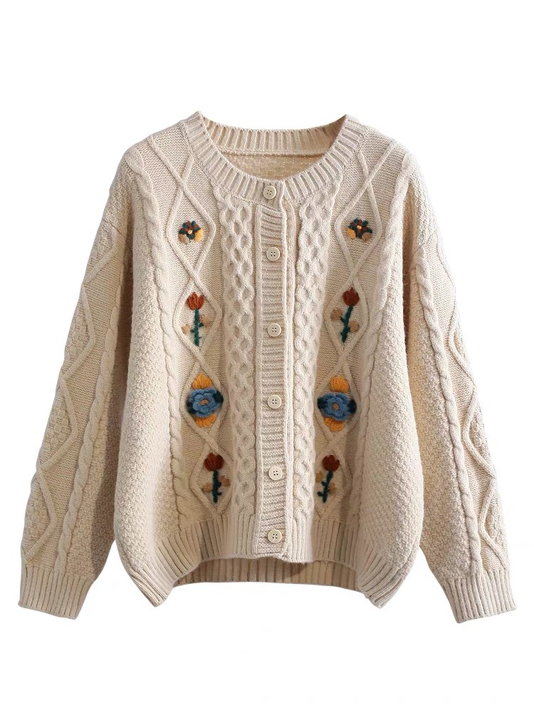 Title 7, Retro Machine Embroidery Cable-knit Sweater Out...