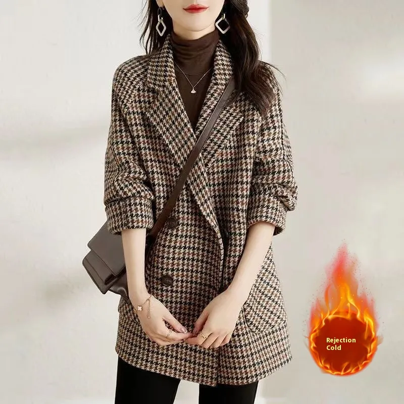 Suit Collar Houndstooth Woolen Coat Woman - Quilted-L