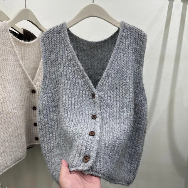 Solid Color Loose fitting Versatile Sleeveless Cardigan Sweater Vest Women's Knitted Vest Waistcoat Top Gray - Shop at LoveMi