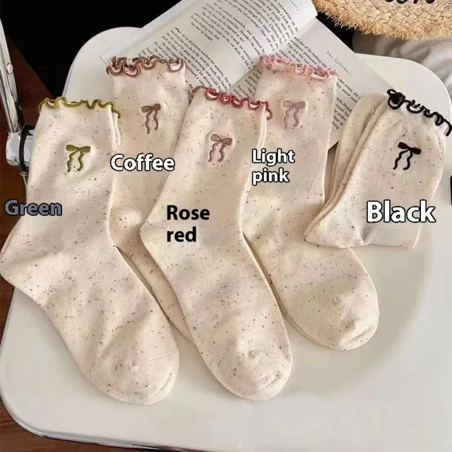 Women's Versatile Bow Wood Ear Edge Pile Socks Green - Shop at LoveMi