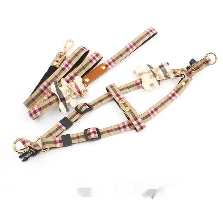 Pet Dog Harness 2 Sets Classic Plaid Bow Collar