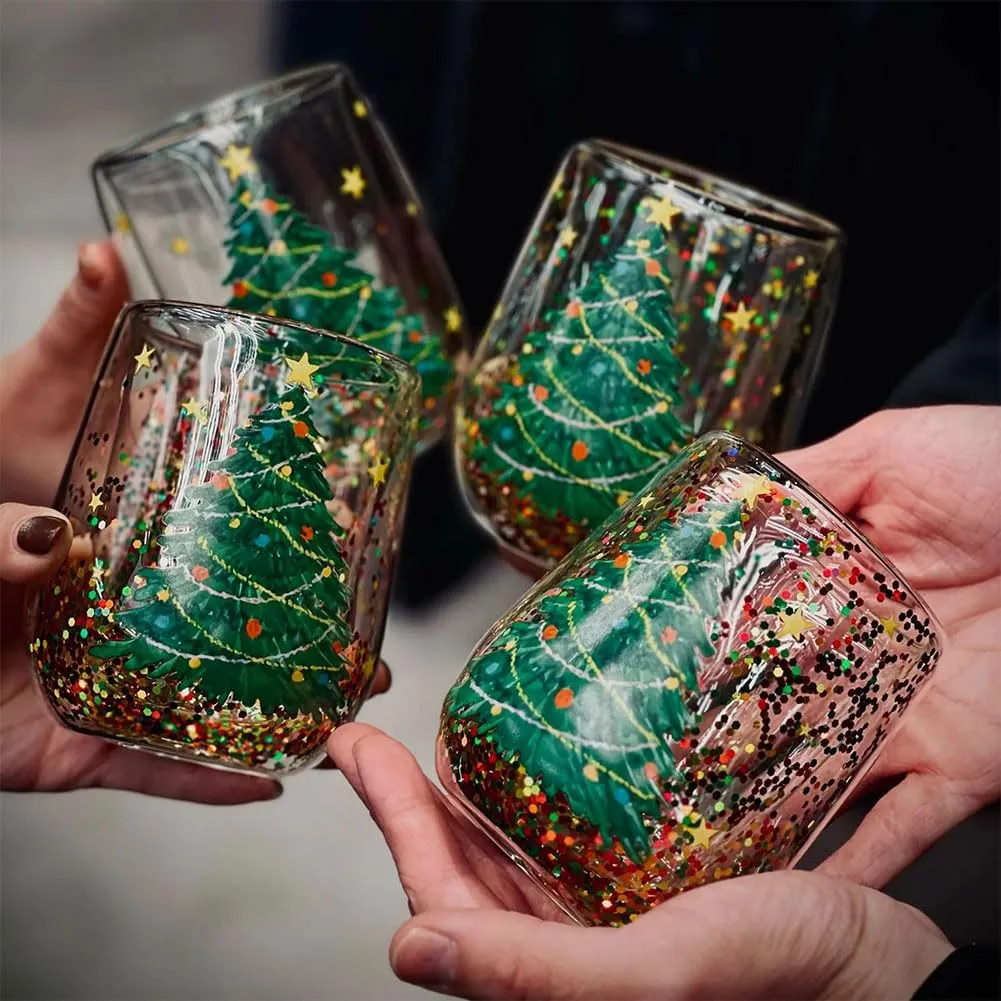 Christmas Tree Cups Heat Resistant Double Layer Flowing Sequins Christmas Cup Household Handwork Cartoon Christmas Trees Tumbler Kitchen Gadgets – image 2