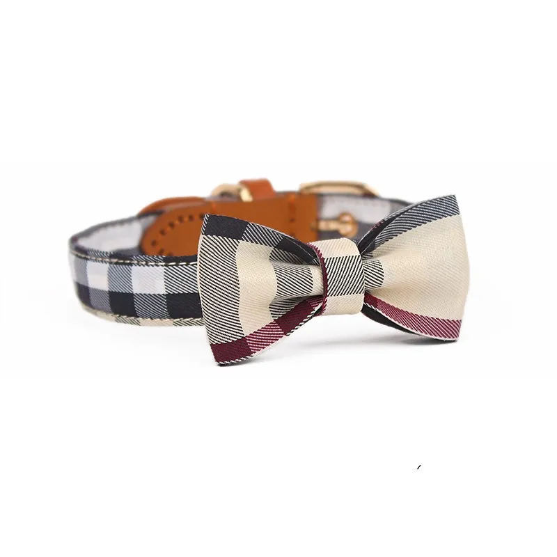 Leather Stitching Drawable Mesh Bow Pet Tie Collar - Classic Khaki