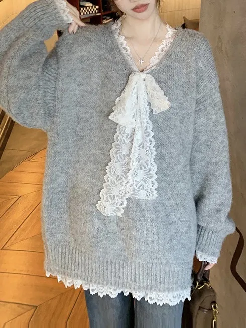 Women's Fashionable Knitted Loose Clothes Top Gray - Shop at LoveMi