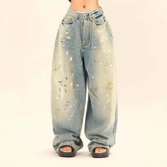 Washed Distressed Casual Loose Wide leg Jeans Splash ink Design Slimming Unisex Style Mop Pants Men And Women Blue - Shop at LoveMi