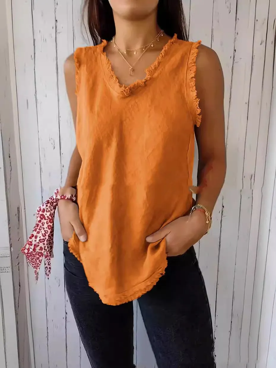 Stitching Casual Solid Color Loose-fitting Large Size Cotton And Linen Top - Orange