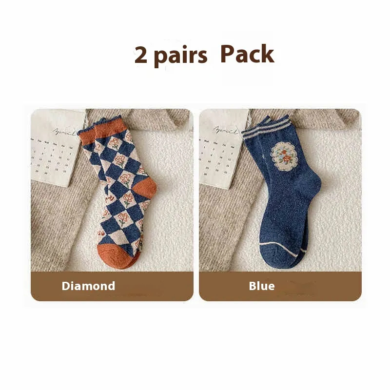 Vintage Small Flower Wool Socks Fleece Lined Padded Warm Keeping Tube Socks - Diamond Blue
