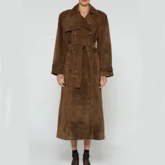 Double Breasted Lapel Shift Coat With Belt Fashion Vintage Suede Long Coat Winter Outwear Women's Clothing - Brown - View 1
