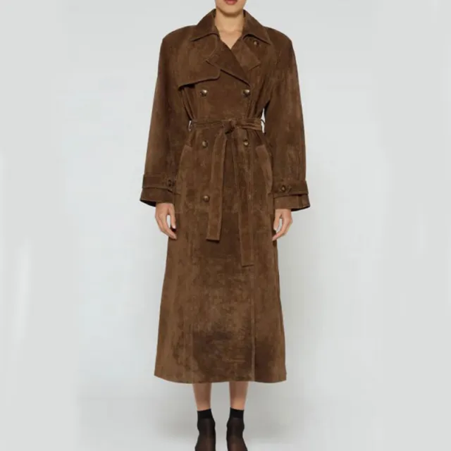 Double Breasted Lapel Shift Coat With Belt Fashion Vintage Suede Long Coat Winter Outwear Women's Clothing Brown - Shop at LoveMi