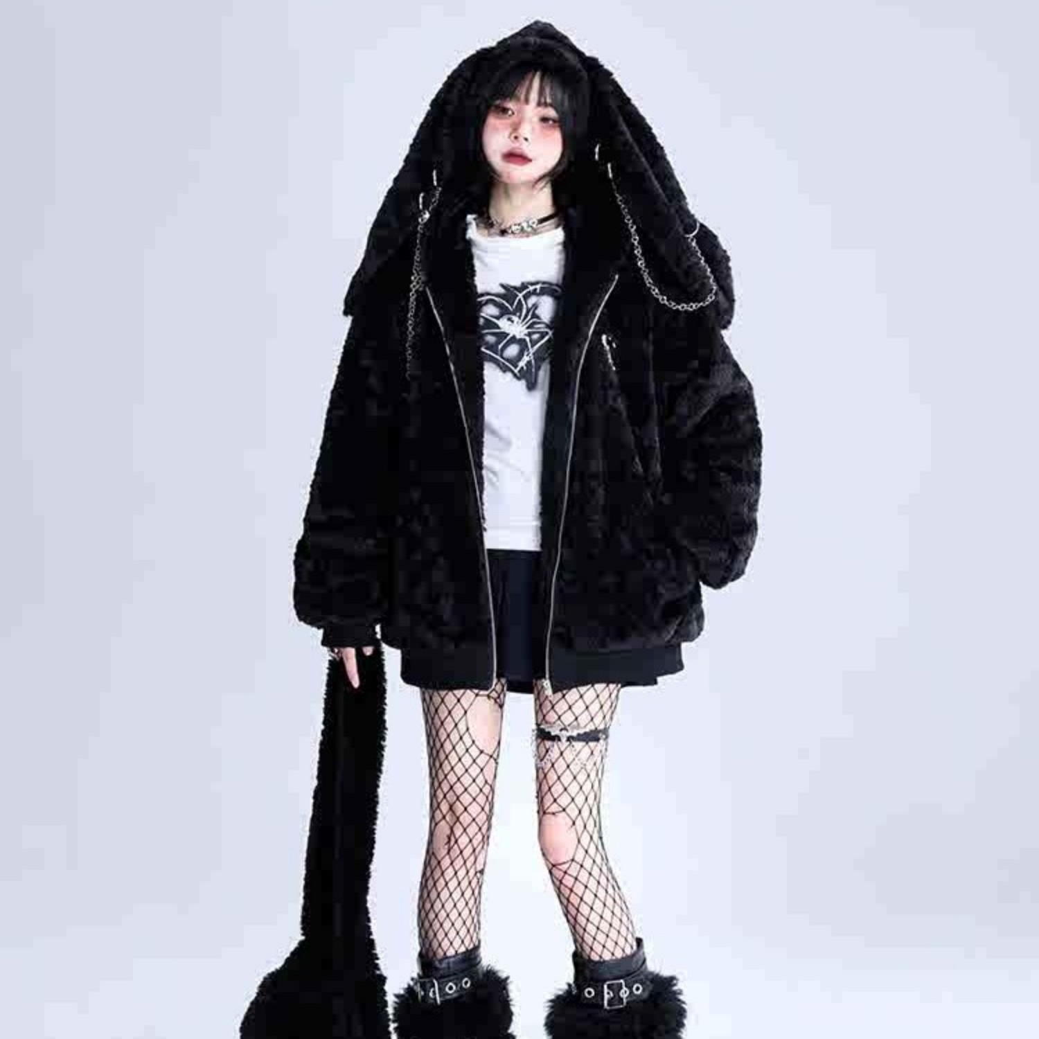 Black Lamb Wool Rabbit Ear Hood