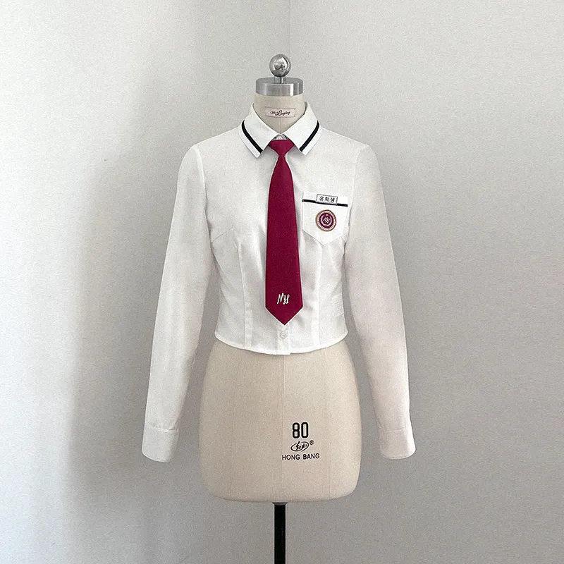 Waist-controlled Long Sleeves White Shirt Top Women - White Shirt With Wine Red Tie