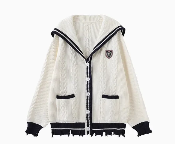 Preppy Insignia Embroidered Loose Ruin Knitted Coat With Raw Edge White - Shop at LoveMi