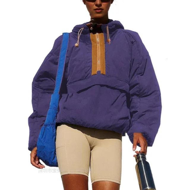 Tooling Style Hooded Sweater Contrast Color Purple - Shop at LoveMi