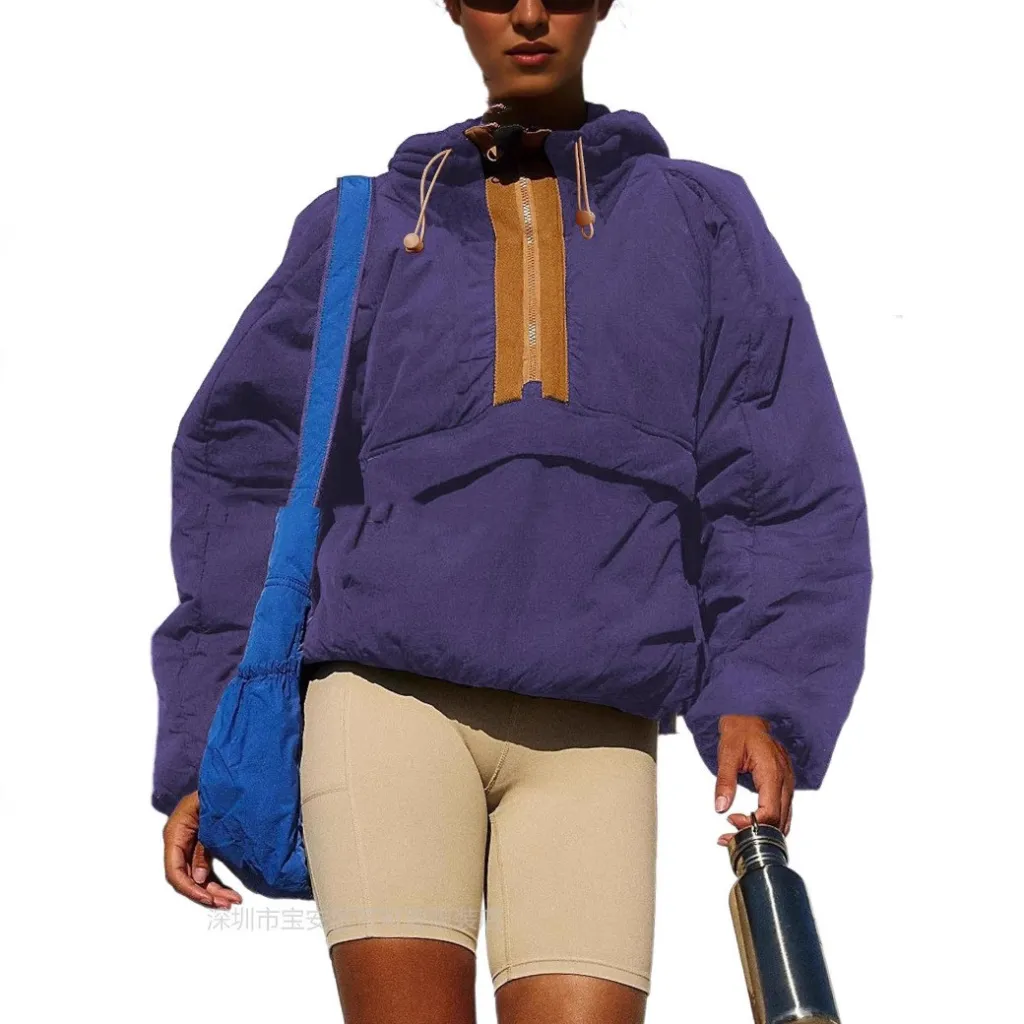 Tooling Style Hooded Sweater Contrast Color - Purple