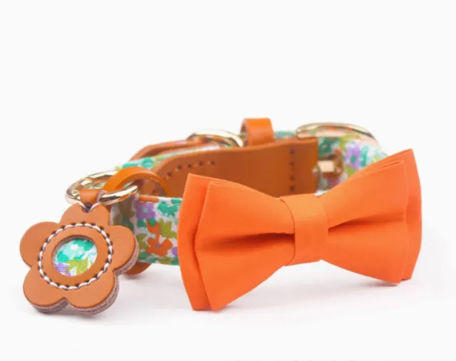 Cowhide Stitching Floral Cotton Pet Dog Collar Hand Holding Rope Orange And Listing - Shop at LoveMi