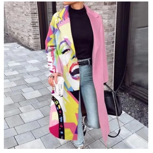 Women's Personalized Printed Round Neck Woolen Coat - Pink Splicing