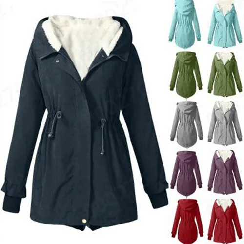 Women's Autumn And Winter Solid Color Casual Waist Tight Fleece-lined Anorak - Gray