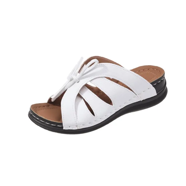 Plus Size Bow Flat Wedge Swing Line Hollow Sandals White - Shop at LoveMi