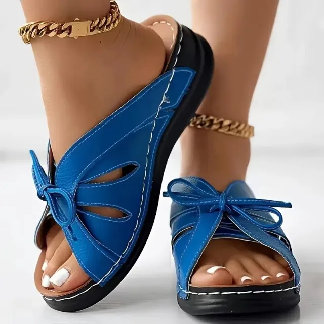 Plus Size Bow Flat Wedge Swing Line Hollow Sandals Blue - Shop at LoveMi