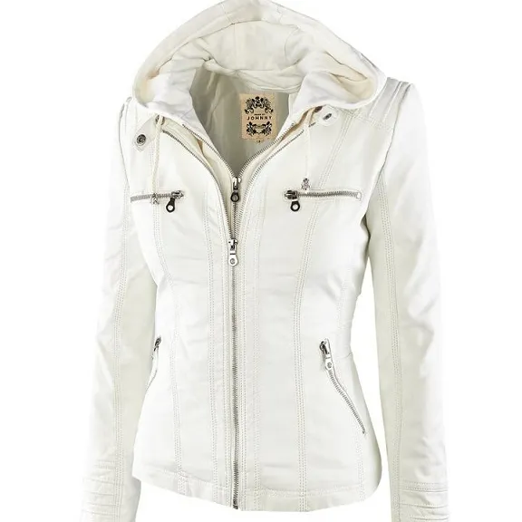Women's Detachable Lapel Long Sleeve Solid Color Zipper Leather Jacket Coat - White