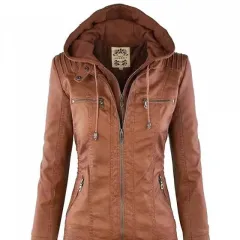 Women's Detachable Lapel Long Sleeve Solid Color Zipper Leather Jacket Coat - Brown - View 1