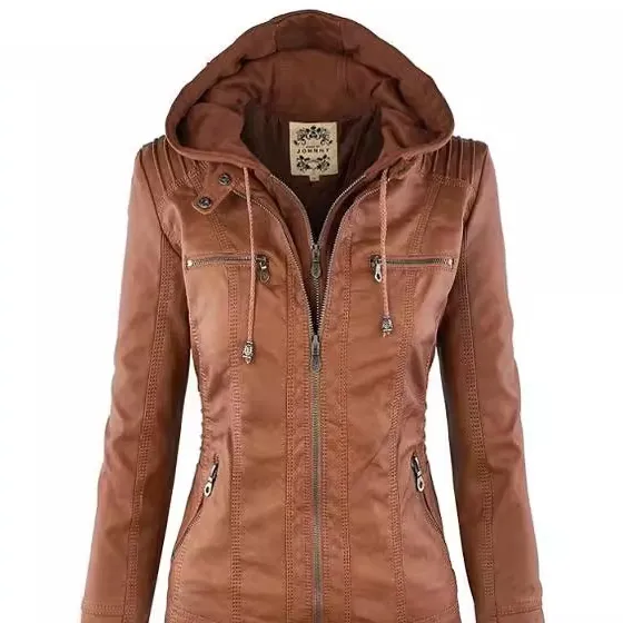 Women's Detachable Lapel Long Sleeve Solid Color Zipper Leather Jacket Coat Brown - Shop at LoveMi