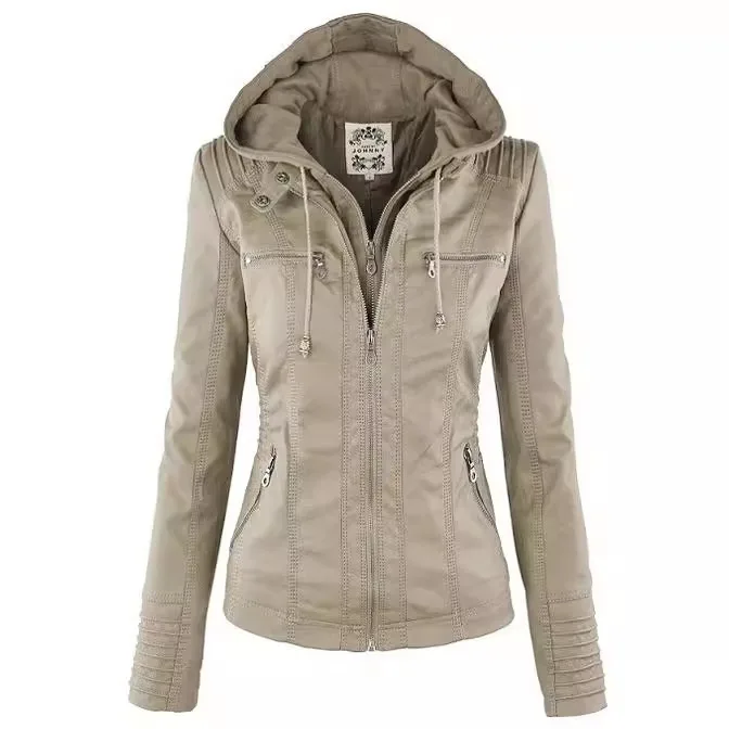 Women's Detachable Lapel Long Sleeve Solid Color Zipper Leather