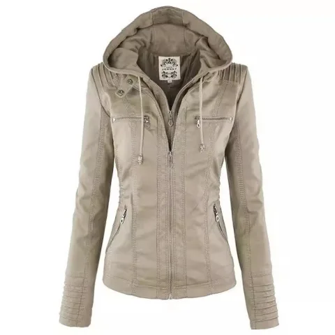 Women's Detachable Lapel Long Sleeve Solid Color Zipper Leather