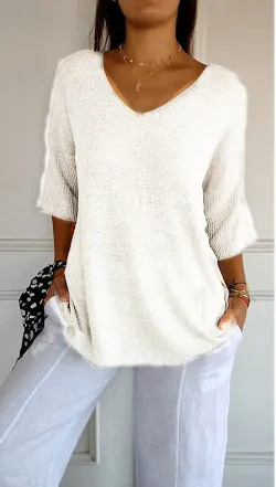 Solid Long Sleeve Sweater Slimming V-neckline Knitwear Women's Bottoming Shirt - White