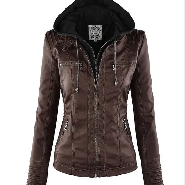 Women's Detachable Lapel Long Sleeve Solid Color Zipper Leather Jacket Coat Coffee - Shop at LoveMi