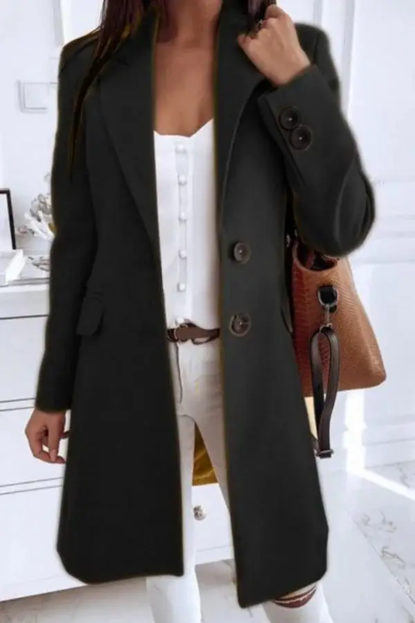 Solid Color Fashion Slim Fit Women's Woolen Coat Black - Shop at LoveMi