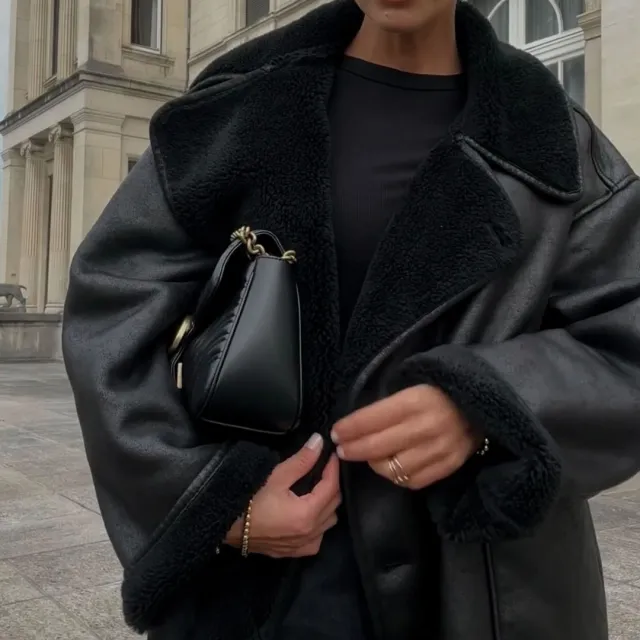 Retro Black Turn down Collar Loose Fur Coat Vertical Black With Pocket - Shop at LoveMi