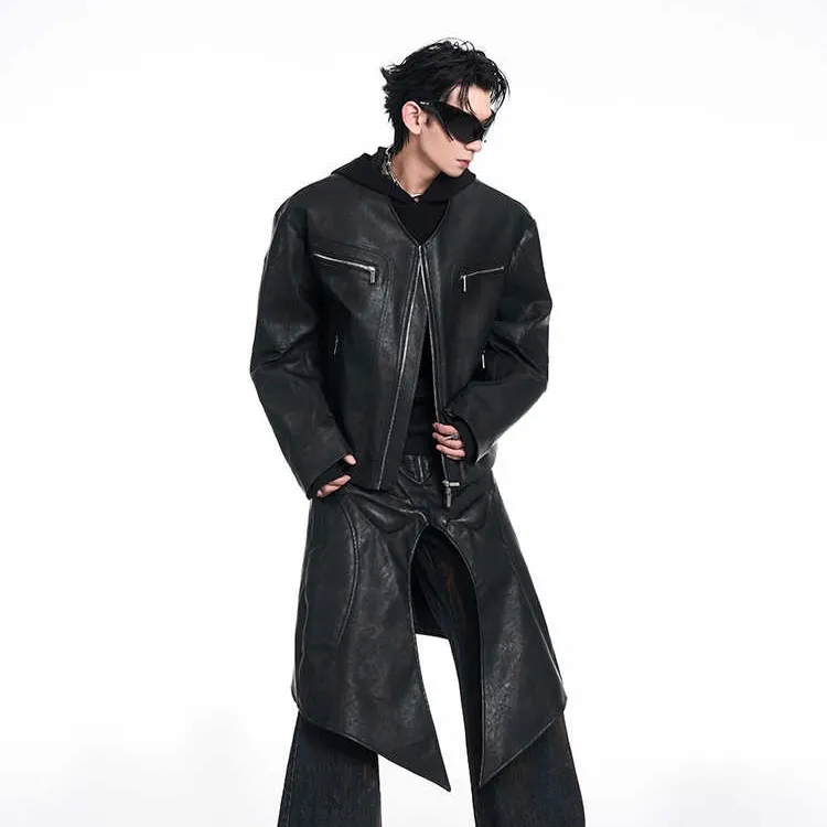 Niche V-neck Zipper Design Leather Coat