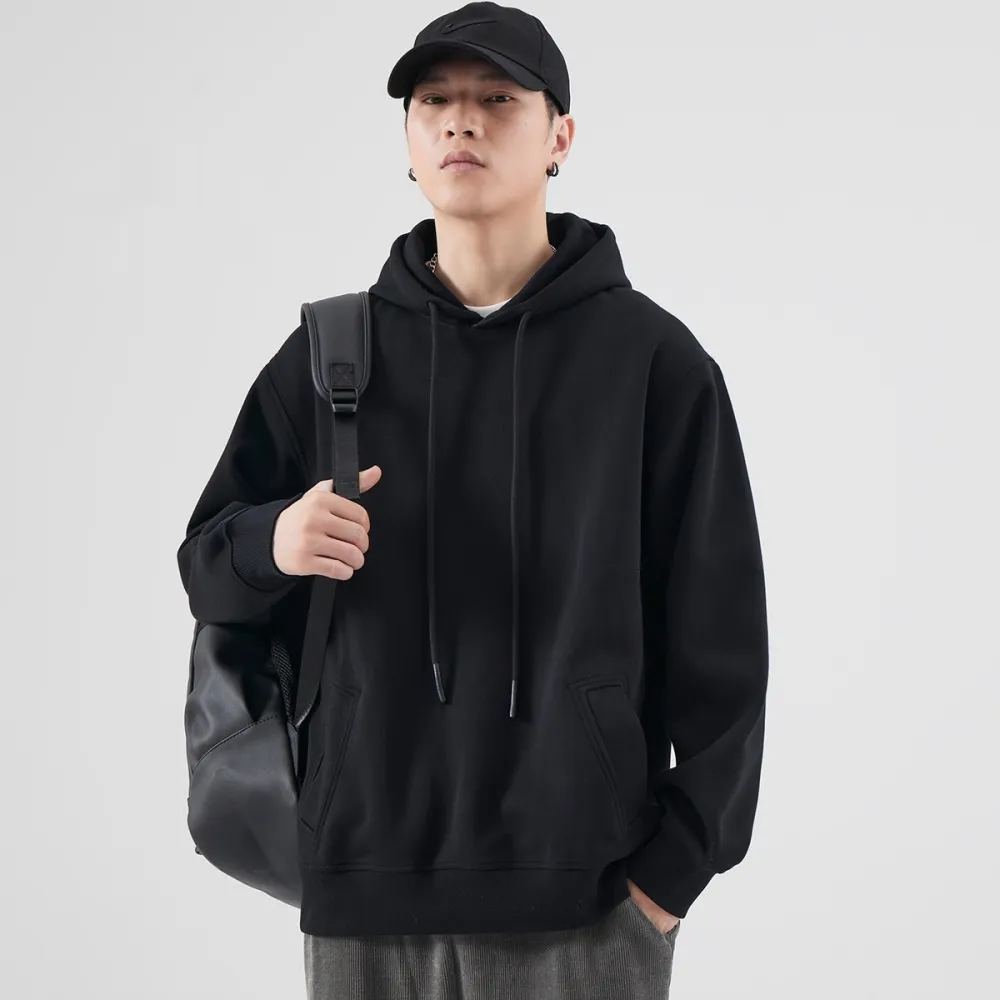 Spring And Autumn Velvet Padded Hooded Sweatshirt Men's Solid Color Pullover Hoodie Jacket