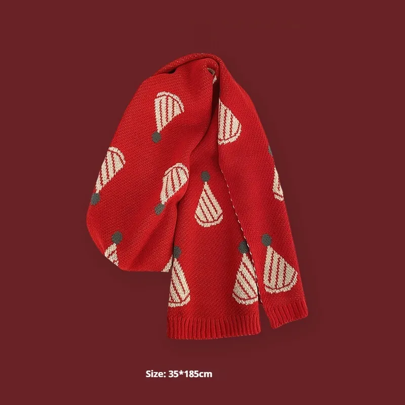 New Year Gift Red Lovers Wild Plaid Warm Wool Scarf - Christmas Hat