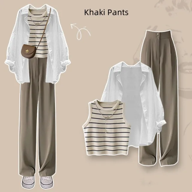Spring Suit New Niche Design Shirt Striped Vest Wide Leg Pants Three piece Set Khaki Pants - Shop at LoveMi