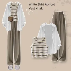 Spring Suit New Niche Design Shirt Striped Vest Wide Leg Pants Three-piece Set - White Shirt Apricot Vest Khaki - View 1