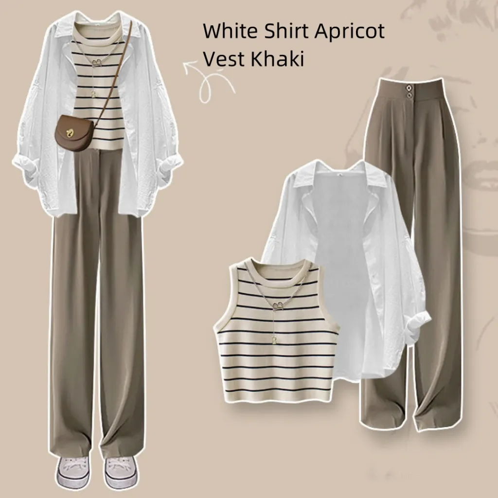 Spring Suit New Niche Design Shirt Striped Vest Wide Leg Pants Three-piece Set - White Shirt Apricot Vest Khaki