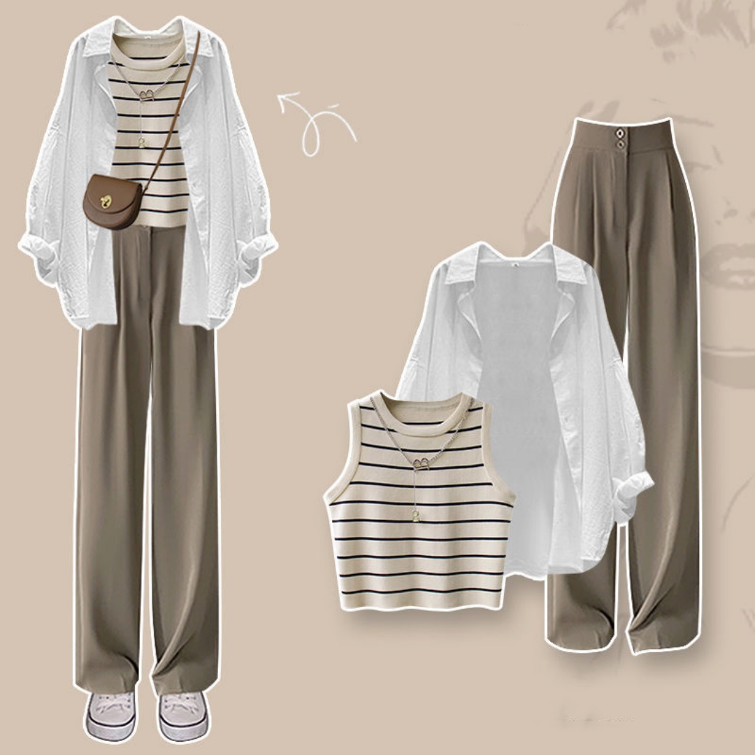 Niche designer shirt, striped vest, wide-leg pants three-piece suit