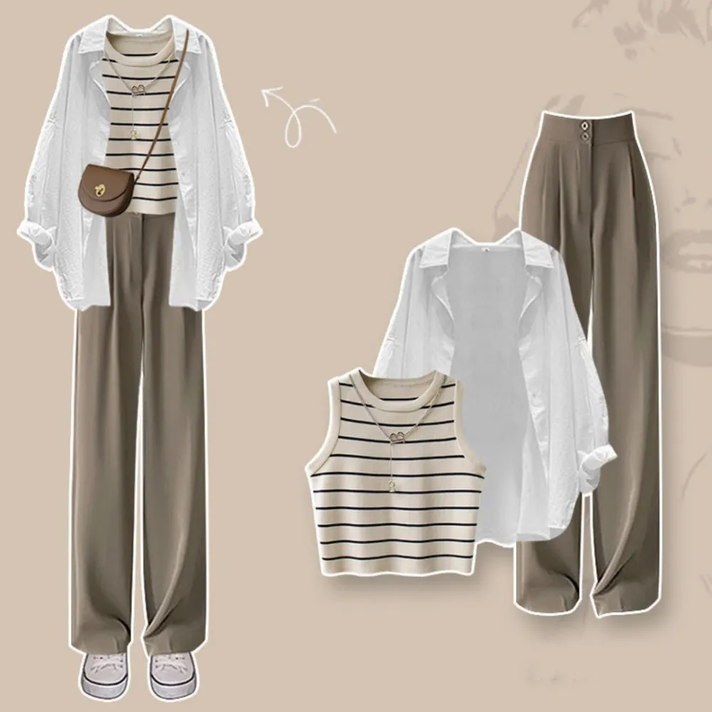 Spring Suit New Niche Design Shirt Striped Vest Wide Leg Pants Three-piece Set