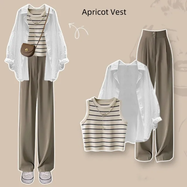 Spring Suit New Niche Design Shirt Striped Vest Wide Leg Pants Three piece Set Apricot - Shop at LoveMi