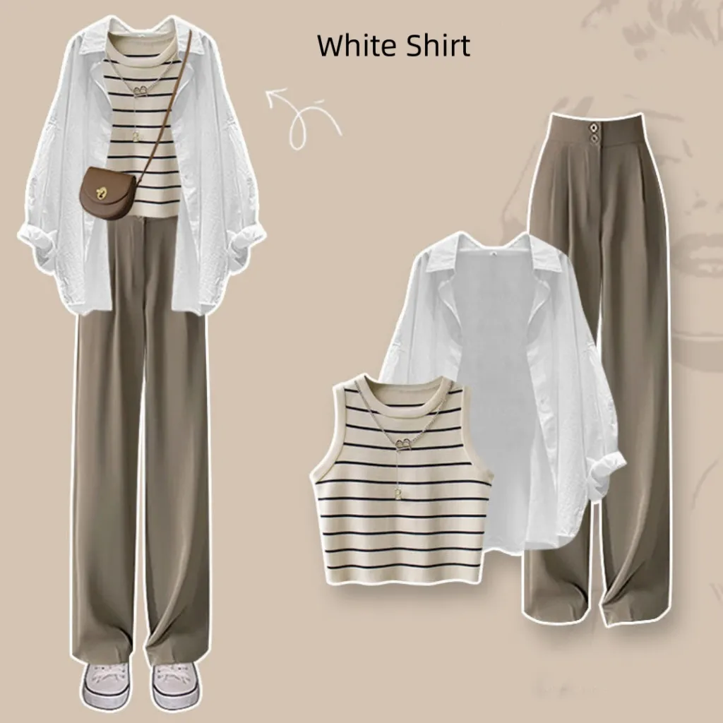 Spring Suit New Niche Design Shirt Striped Vest Wide Leg Pants Three-piece Set - White Shirt