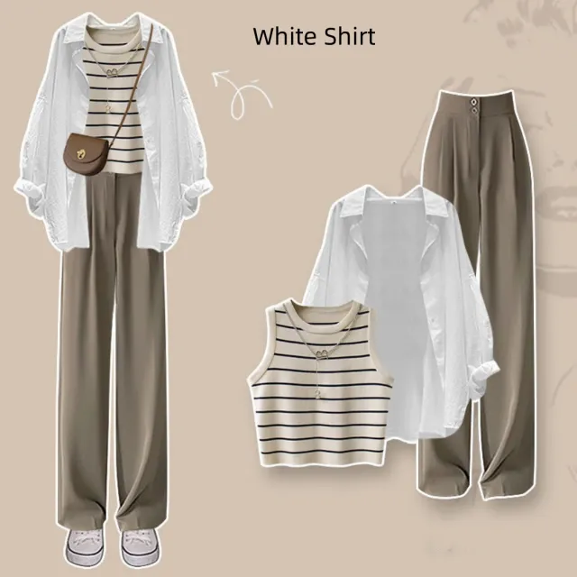 Spring Suit New Niche Design Shirt Striped Vest Wide Leg Pants Three piece Set White Shirt - Shop at LoveMi