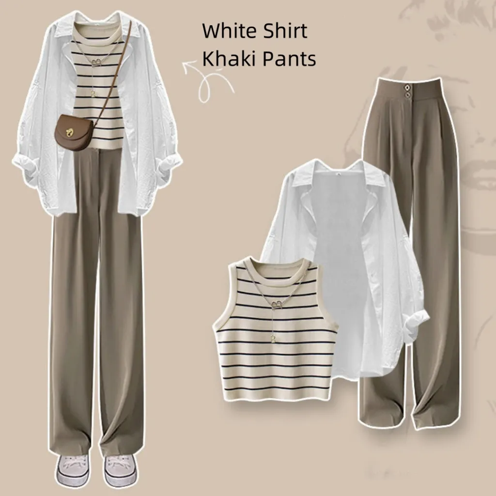 Spring Suit New Niche Design Shirt Striped Vest Wide Leg Pants Three-piece Set - White Shirt Khaki Pants