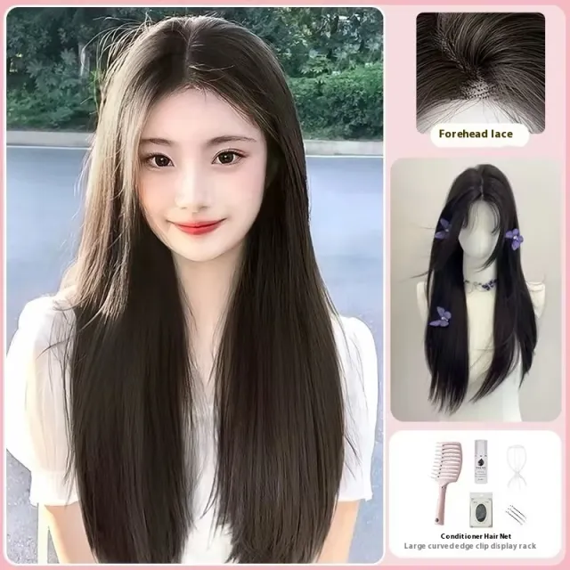 Breathable Mid length Black Long Straight Forehead Lace Wig Plus Care Five Pieces - Shop at LoveMi