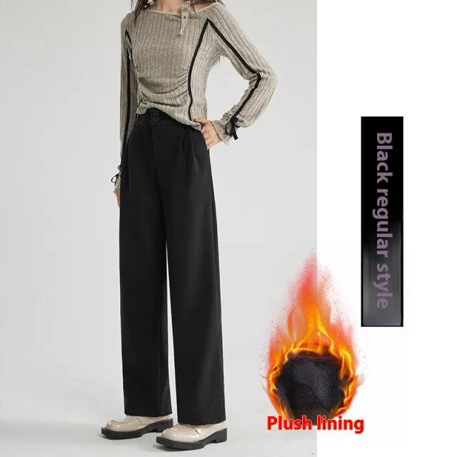 Autumn And Winter Thick Suit Woolen High Waist Slimming Drooping Straight Loose Casual Pants Black Plus Velvet - Shop at LoveMi